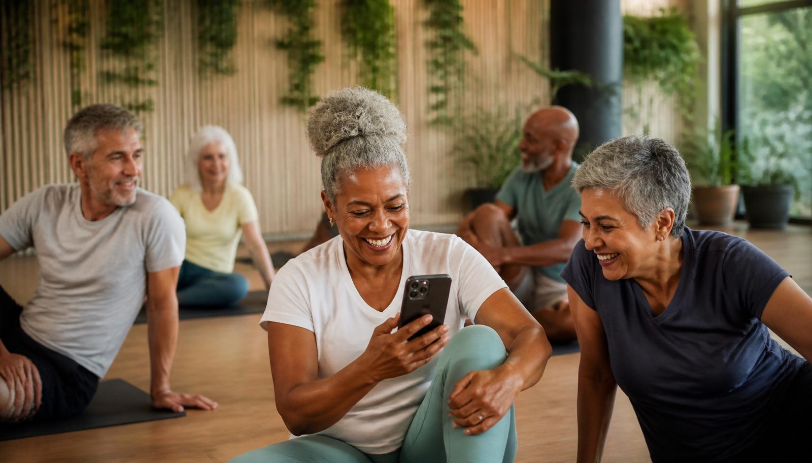 Adultos acima de 55 anos participando de atividades de bem-estar